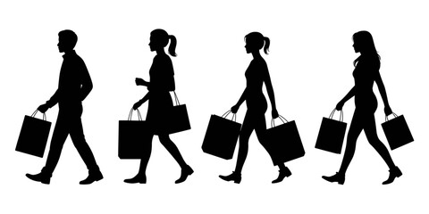 Vector illustration of people walking with shopping bags in silhouette style
