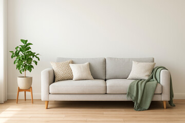 Minimalist Living Room With Gray Sofa and Potted Plant couch interior