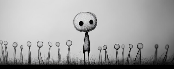 Minimalistic stick figures standing apart outdoors.