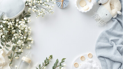 Baby Boy Shower Flat Lay, White Background