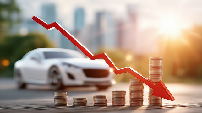 Car Market Downturn: A visual representation of a struggling automotive market, featuring a sleek car and descending arrow symbolizing economic challenges, combined with stacks of coins. 