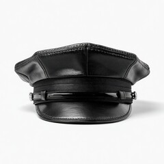 Black leather cap with a flat crown and a band