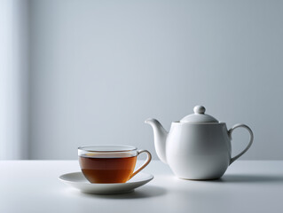 Minimal tea set with glass cup and white teapot
