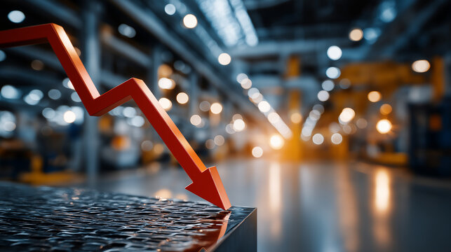 Economic downturn: An illustrative image of a red downward-trending arrow plunges into the floor in an industrial warehouse, representing economic decline.