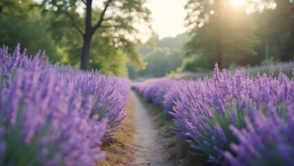Obraz premium Lavender field path at sunrise in the countryside, Provence, France.