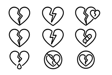 Broken heart line icon set. Heartbreak, breakup, divorce concept. Sadness, grief, relationship problem symbol. Love, pain, emotion vector outline signs for web, app design.