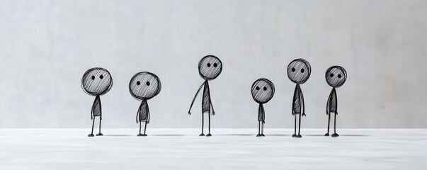 Minimalistic stick figures standing apart outdoors.