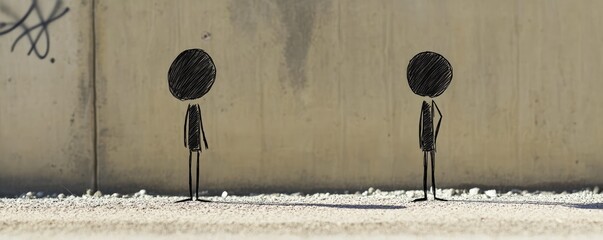 Minimalistic stick figures standing apart outdoors.