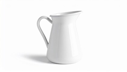 Render a white ceramic pitcher with rounded body, curved handle, and smooth glossy finish, featuring a spout for pouring, isolated on white background, emphasizing minimalist design and household eleg