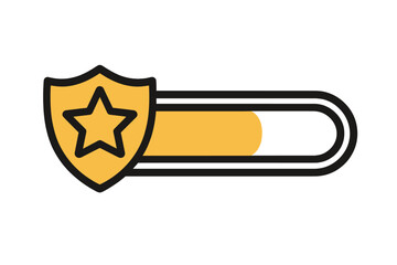 Game level up badge with star shield. Progress bar icon for experience points. Achievement unlocked vector symbol. Loading or rating status. Award, rank, or score indicator.