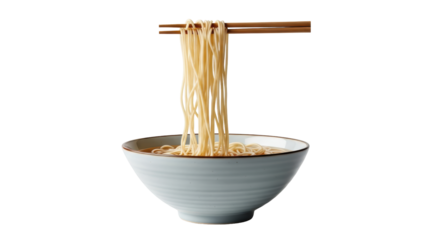 Isolated tasty bowl of ramen noodles held up in the air by chopsticks ready to eat
