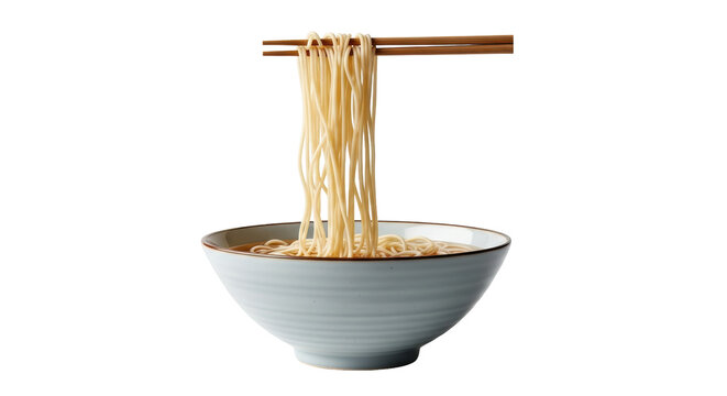 Isolated tasty bowl of ramen noodles held up in the air by chopsticks ready to eat - Powered by Adobe