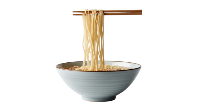 Isolated tasty bowl of ramen noodles held up in the air by chopsticks ready to eat