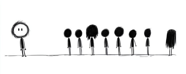 Minimalistic stick figures standing apart outdoors.