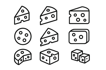 Cheese line icon set vector graphic collection. Food and dairy product outline pictogram. Symbol for web, app, menu. Swiss cheese with holes. Slice, wedge, block, wheel, cube.