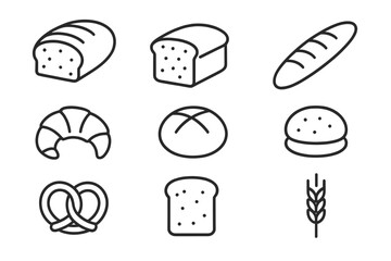 Bread and bakery thin line icon set. Pastry food outline vector symbols. Loaf, baguette, croissant, pretzel, toast, bun collection. Editable stroke graphic elements.