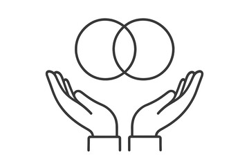 Venn diagram in open hands icon. Concept of collaboration, connection, common ground. Symbol of unity, partnership, shared interests, intersection, relationship, and empathy.