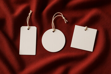 Three White Tag Mockups on Red Fabric