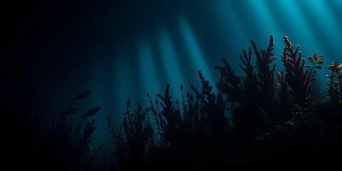 Obraz premium Mysterious deep sea scene, silhouetted marine life among lush underwater plants, ocean floor, algae