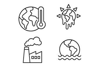 Global warming and climate change icon set. Melting earth, factory pollution, rising sea levels, and high temperatures. Ecology and environment concept. Outline linear vector.