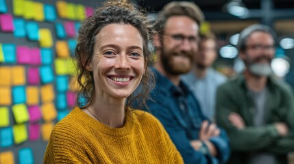 Fototapeta premium Dynamic workspace harmony, inclusive team strategizing, walls filled with sticky notes, wide view