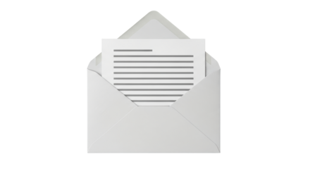 Isolated open envelope with letter, stationery and correspondence for office messages