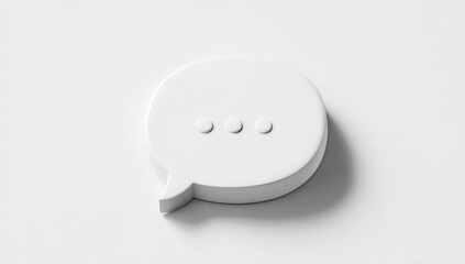 A 3D rendered, solid white speech bubble icon.  The bubble is oval, slightly rounded on the sides, and has a subtly raised, 3D effect.  