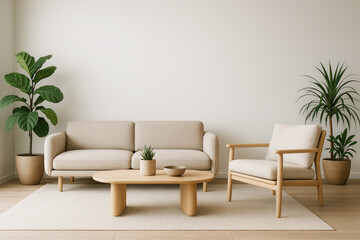 Modern living room with light wood furniture and plants on a rug interior sofa