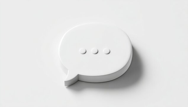 A 3D rendered, solid white speech bubble icon. The bubble is oval, slightly rounded on the sides, and has a subtly raised, 3D effect.