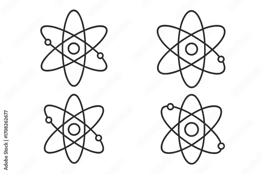 Poster atom icon set. science symbol collection for physics, chemistry, nuclear energy research. vector lin