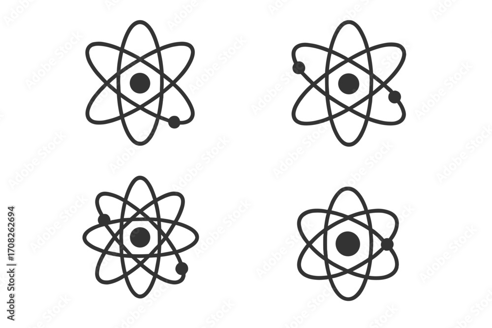 Poster atom icon set. science concept. physics symbol. chemistry element. nuclear energy. atomic structure.