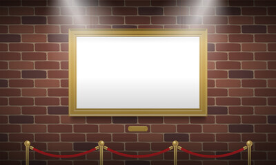 museum gallery interior with golden picture frame  rope barrier brick wall light spot mock up vector illustration