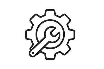 Gear icon with wrench for settings, options and preferences. Concept of configuration, maintenance and repair service. Technical support symbol. Outline cogwheel with spanner.