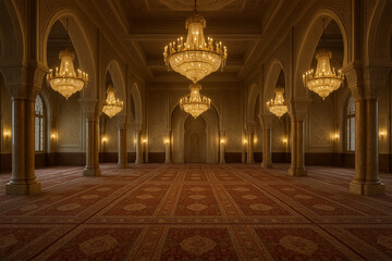 Luxury Mosque Interior with Chandeliers and Geometric Patterns