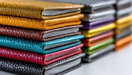 Fototapeta premium Close-up of stacked colorful leather notebooks