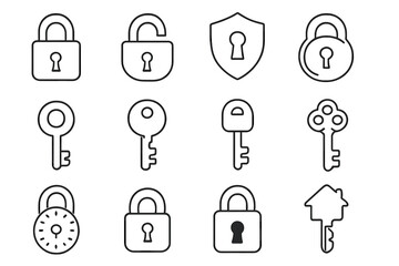 Lock and key line icon set. Padlock, keyhole, shield, house key. Vector symbols for security, access, privacy. Outline illustration for web, app design. Safety, protection.