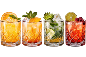Amaretto Sour, Caipirinha, Boulevardier, Mai Tai cocktail transparent PNG set bundle, isolated background. Mixology, bar menu cocktails, colorful refreshing drink with garnish
