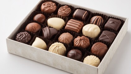 Assorted chocolates in a box.  Variety of shapes and colors.  Premium chocolates.  High-quality.  Elegant presentation
