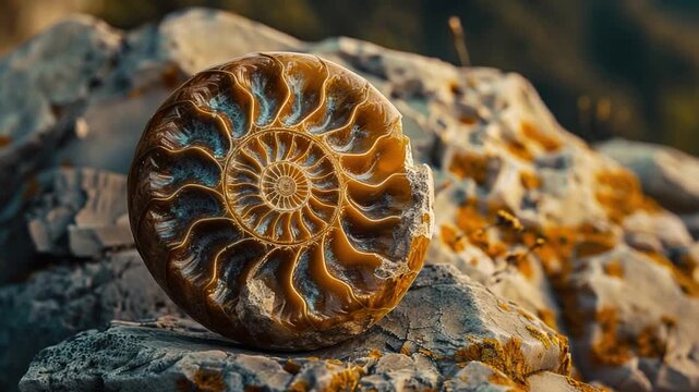 A prehistoric ammonite fossil sits atop a rocky surface, offering a glimpse into the past