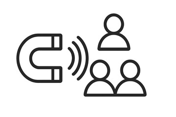 Minimalistic linear staff icon with magnet attracting group, business team symbol, social network connection concept, vector illustration for web, apps, banners, cards design