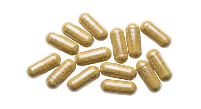 Isolated medicinal capsules containing herbal supplement ingredient, holistic health and wellbeing - Powered by Adobe