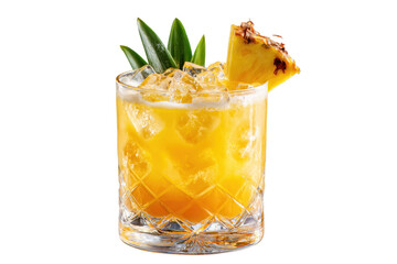 cocktail with pineapple wedge garnish white PNG isolated background. Mixology, bar menu, colorful vibrant refreshing drink in old fashioned glass