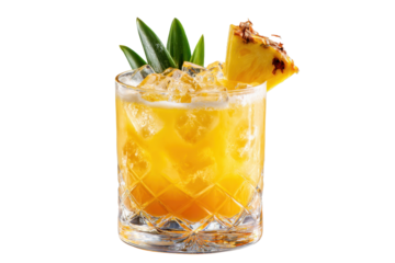 cocktail with pineapple wedge garnish white PNG isolated background. Mixology, bar menu, colorful vibrant refreshing drink in old fashioned glass