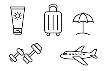 Travel related outline icon set with sunscreen tube, luggage bag, beach umbrella, fitness dumbbells, and airplane silhouette for banners, infographics, books, articles, travel guides design