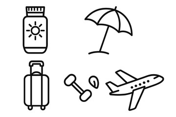 Travel related outline icon set including sunscreen bottle, beach umbrella, luggage suitcase, fitness dumbbell with leaf, airplane design for banners, infographics, articles, books