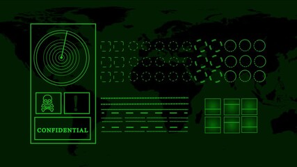 Cutting-edge hud interface with world map visualization, showcasing confidential information and potential threats, evoking a sense of advanced security and global awareness - Powered by Adobe
