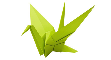 Isolated origami paper crane is shown in green on a clean surface. Japanese art form, symbol