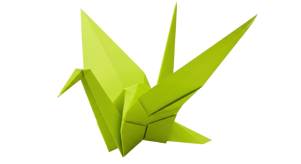 Isolated origami paper crane is shown in green on a clean surface. Japanese art form, symbol
