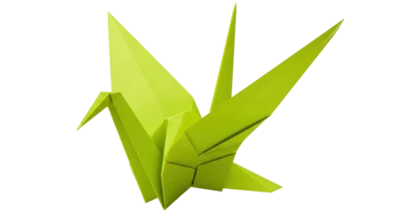 Fotobehang Kraanvogels Isolated origami paper crane is shown in green on a clean surface. Japanese art form, symbol  © Natasha