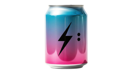 Isolated energy drink can with colorful gradient and lightning bolt design, modern beverage